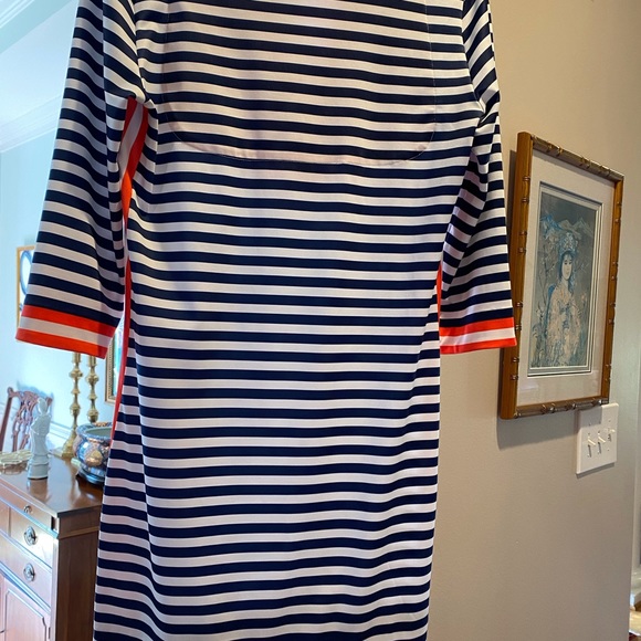 Gretchen Scott split neck navy blue & white striped Everywhere dress size Medium - Picture 7 of 10